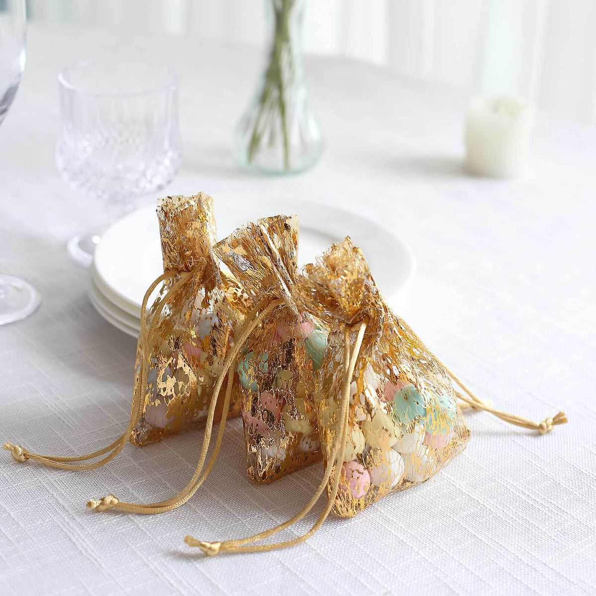 12 Pack Metallic Gold Foil Polyester Drawstring Candy Bags, Wedding Party Favor Bags - 4"x5"