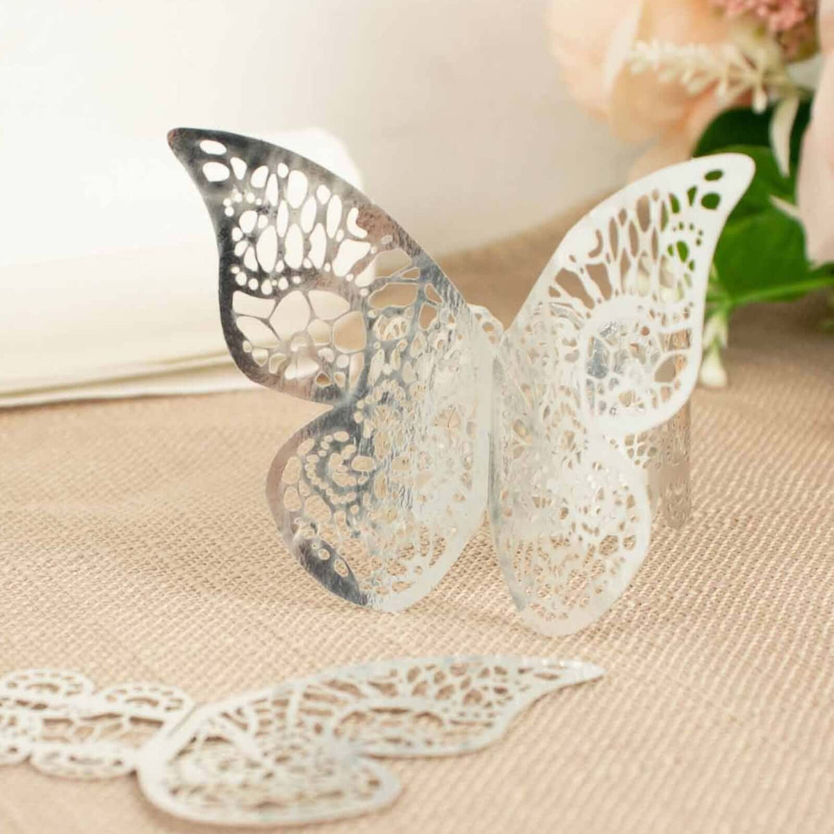 12-Pack Paper Napkin Rings Laser Cut Butterfly Metallic Silver - Decorative Serviette Holders