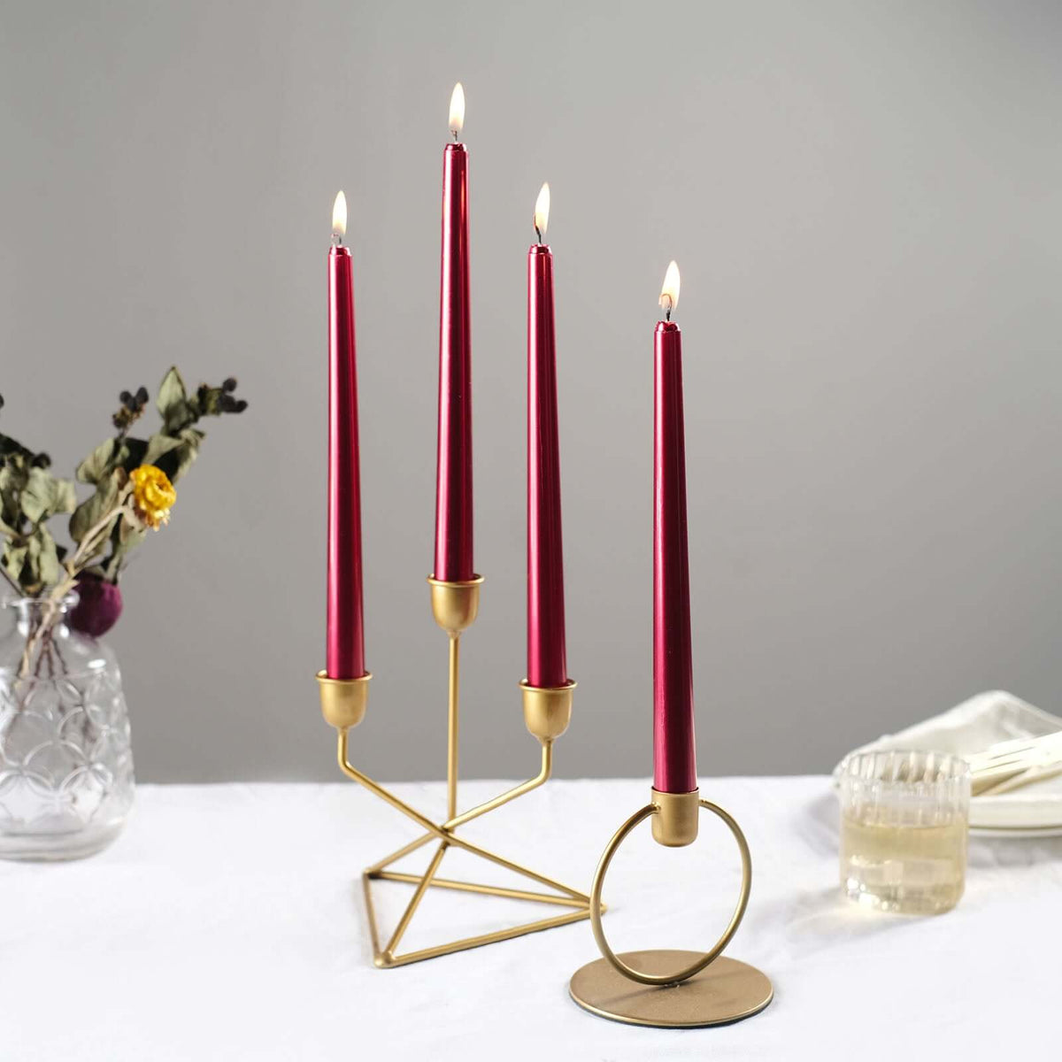 12-Pack Taper Candles Premium Wax Design Metallic Red - Unscented Candles for Upscale Settings 10"