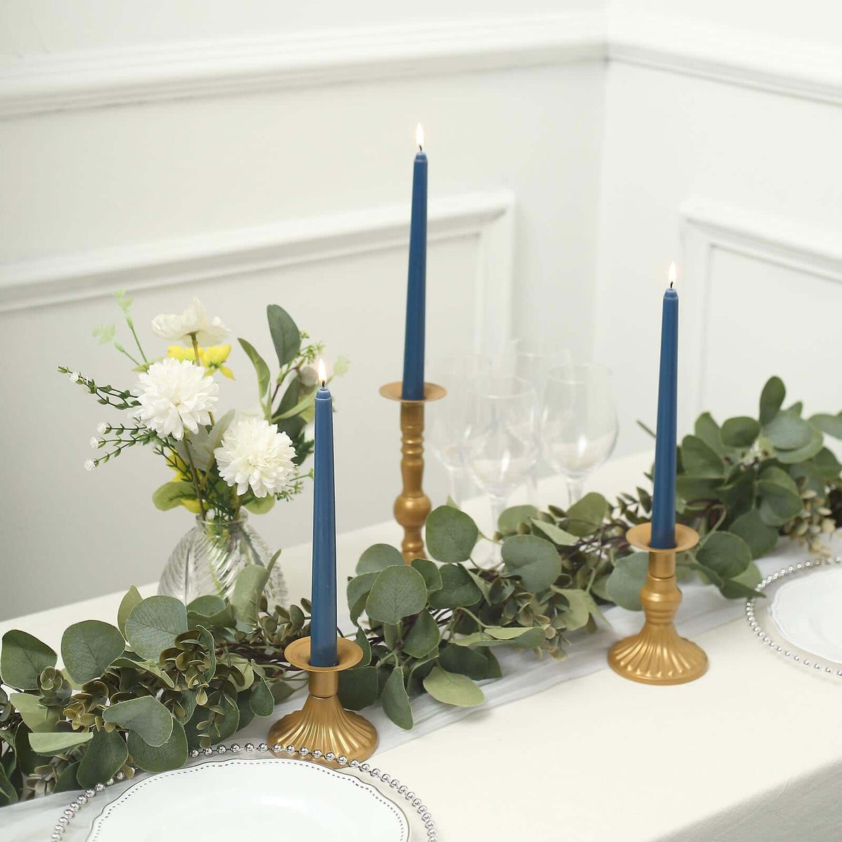 12-Pack Taper Candles Premium Wax Design Navy Blue - Unscented Candles for Upscale Settings 10"