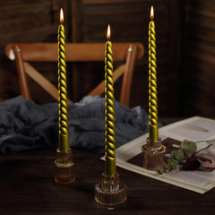 12-Pack Taper Candles Spiral Long Burn Wick Design Gold - Premium Unscented Wax Dinner Candle Sticks 11"