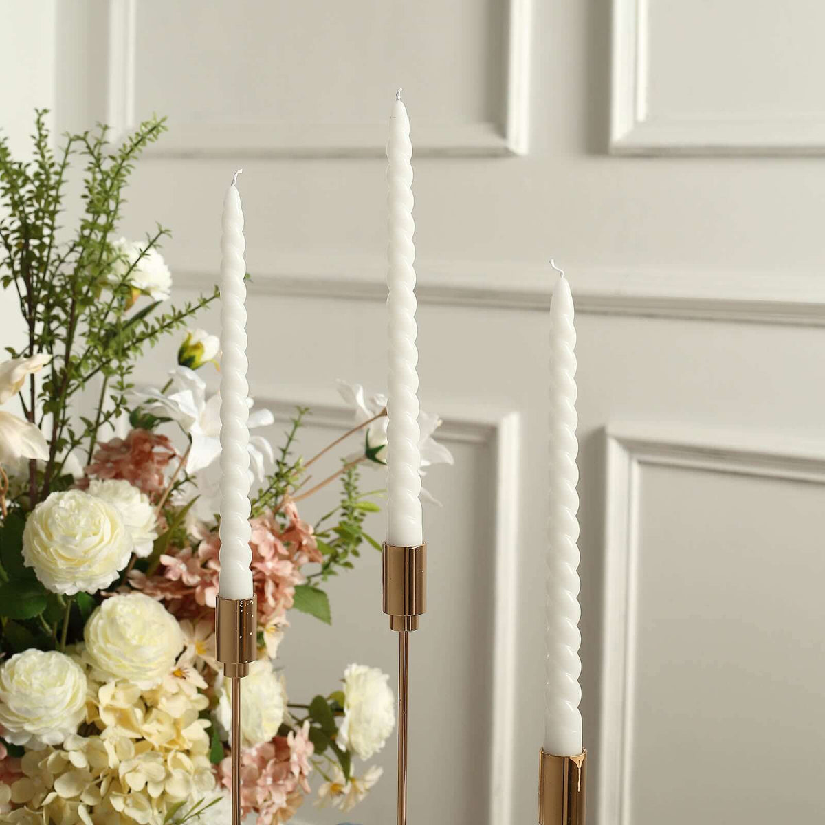 12-Pack Taper Candles Spiral Long Burn Wick Design White - Premium Unscented Wax Dinner Candle Sticks 11"