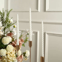 12-Pack Taper Candles Spiral Long Burn Wick Design White - Premium Unscented Wax Dinner Candle Sticks 11"