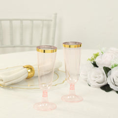 12-Pack Plastic Champagne Flutes Transparent Blush with Gold Rim - Stylish Disposable Cocktail Glasses for Parties 5oz 6"