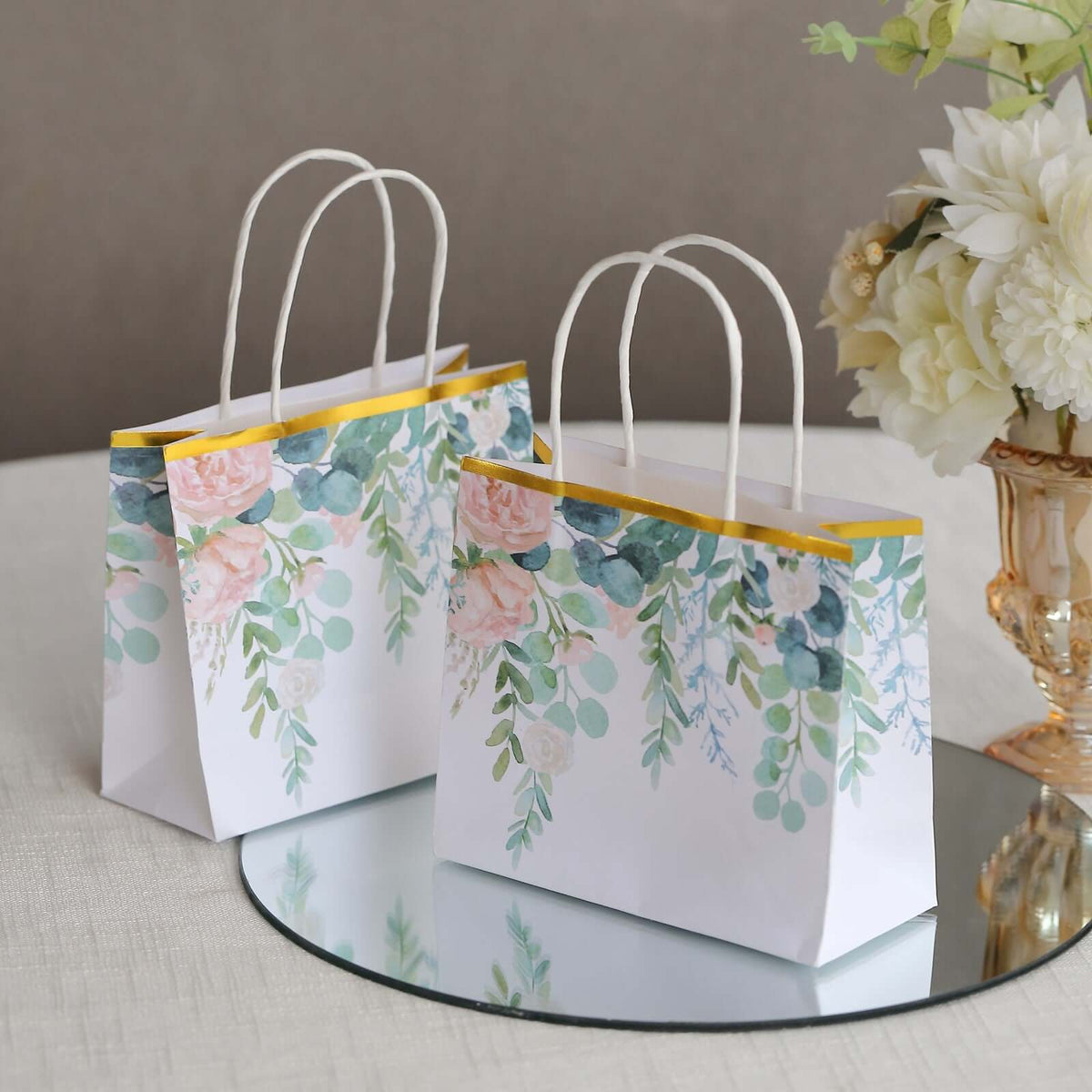 12 Pack White Pink Peony Flower Paper Party Favor Bags With Handles, Gift Goodie Bags With Gold Edge - 6"x7"