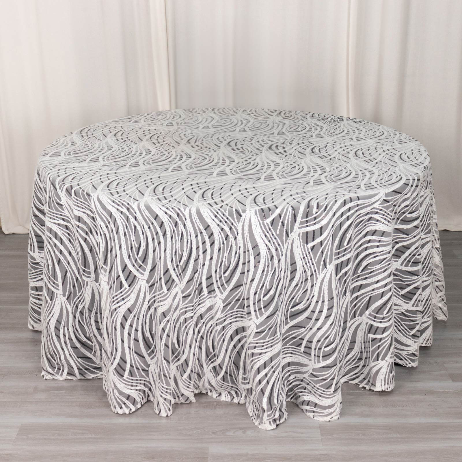 Sequin Mesh 120" Round Tablecloth White Black - Seamless Wave Embroidered Table Cover