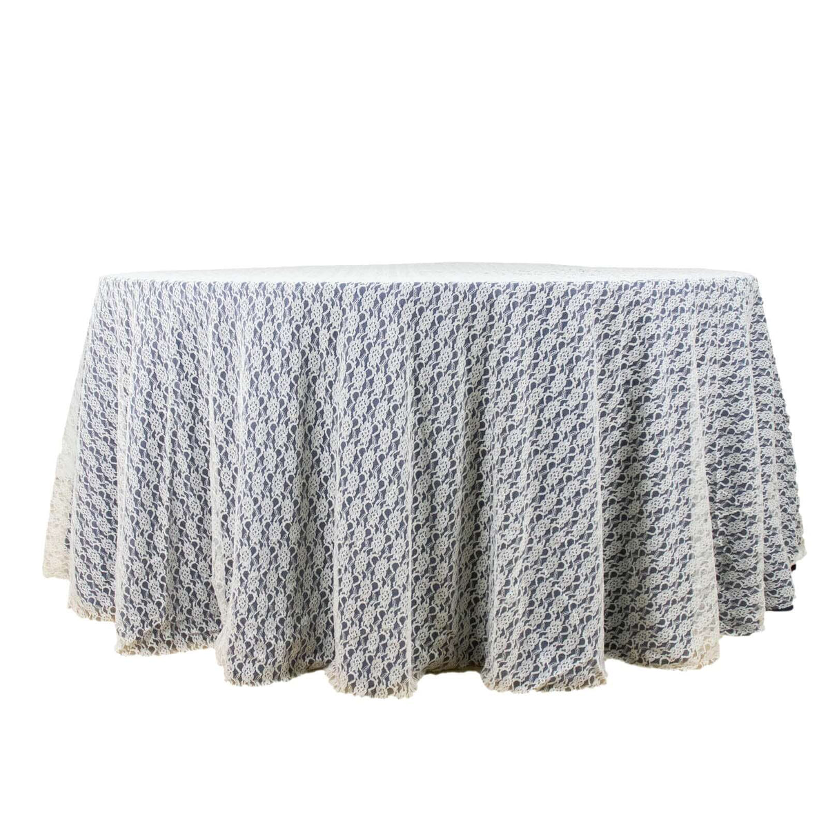 120" Ivory Round Seamless Polyester Floral Lace Tablecloth for 5 Foot Table With Floor-Length Drop