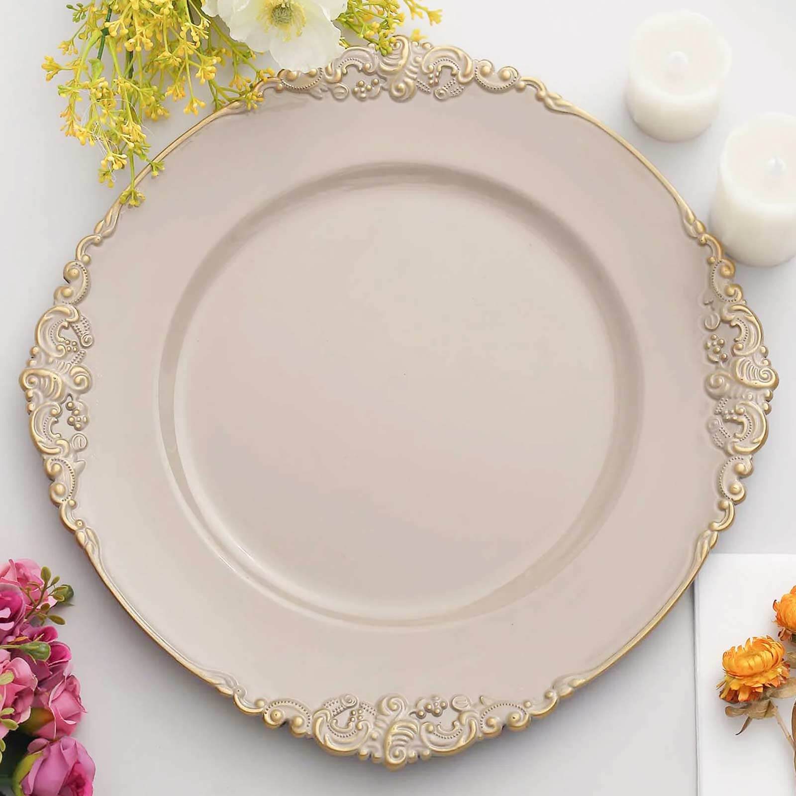 6-Pack Acrylic Round Charger Plates 13" in Nude Taupe with Gold Embossed Baroque Rim, Antique Decorative Dinner Party Charger Tableware