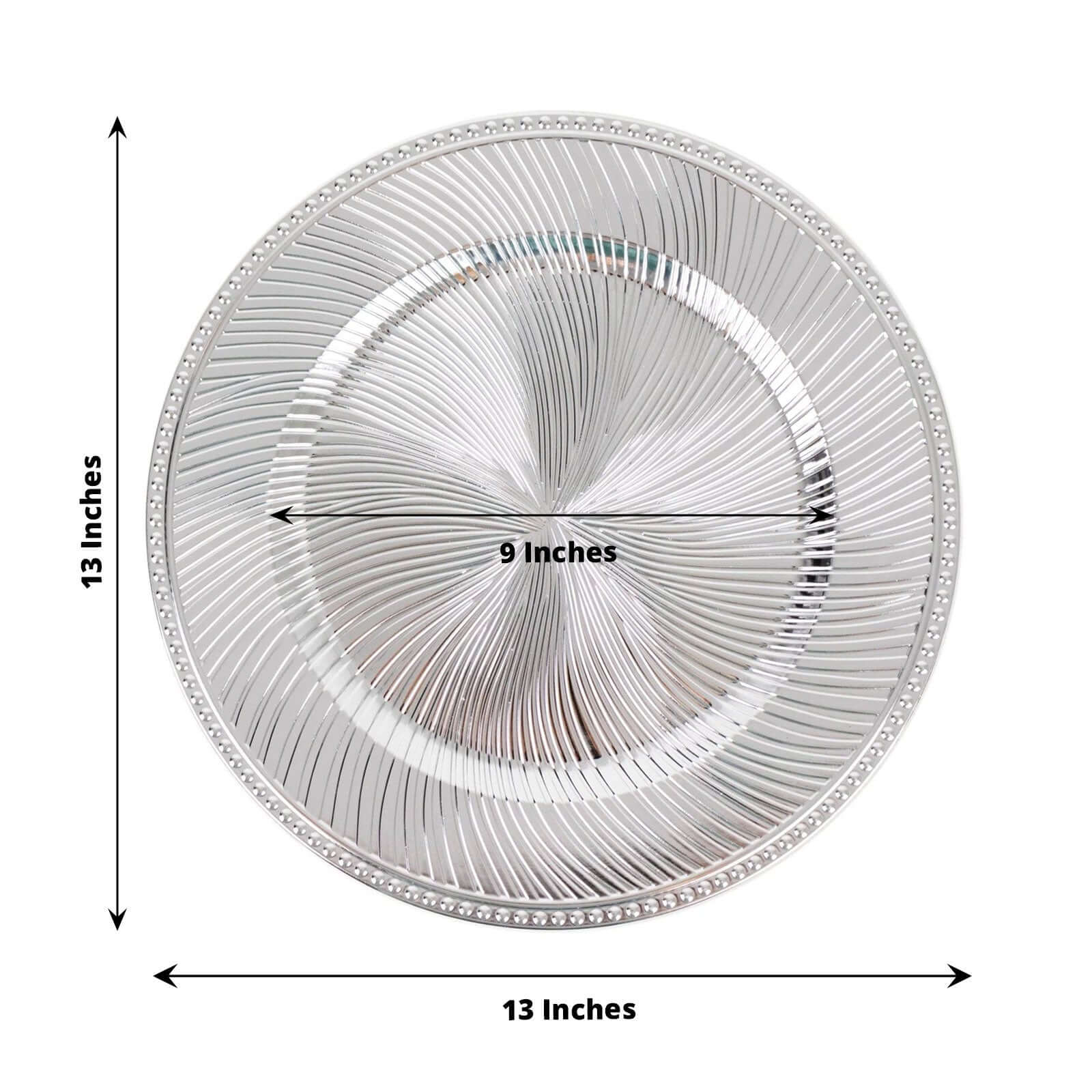 6-Pack Acrylic Round Charger Plates 13" in Metallic Silver Swirl Pattern with Beaded Rim, Plastic Decorative Dinner Party Charger Tableware