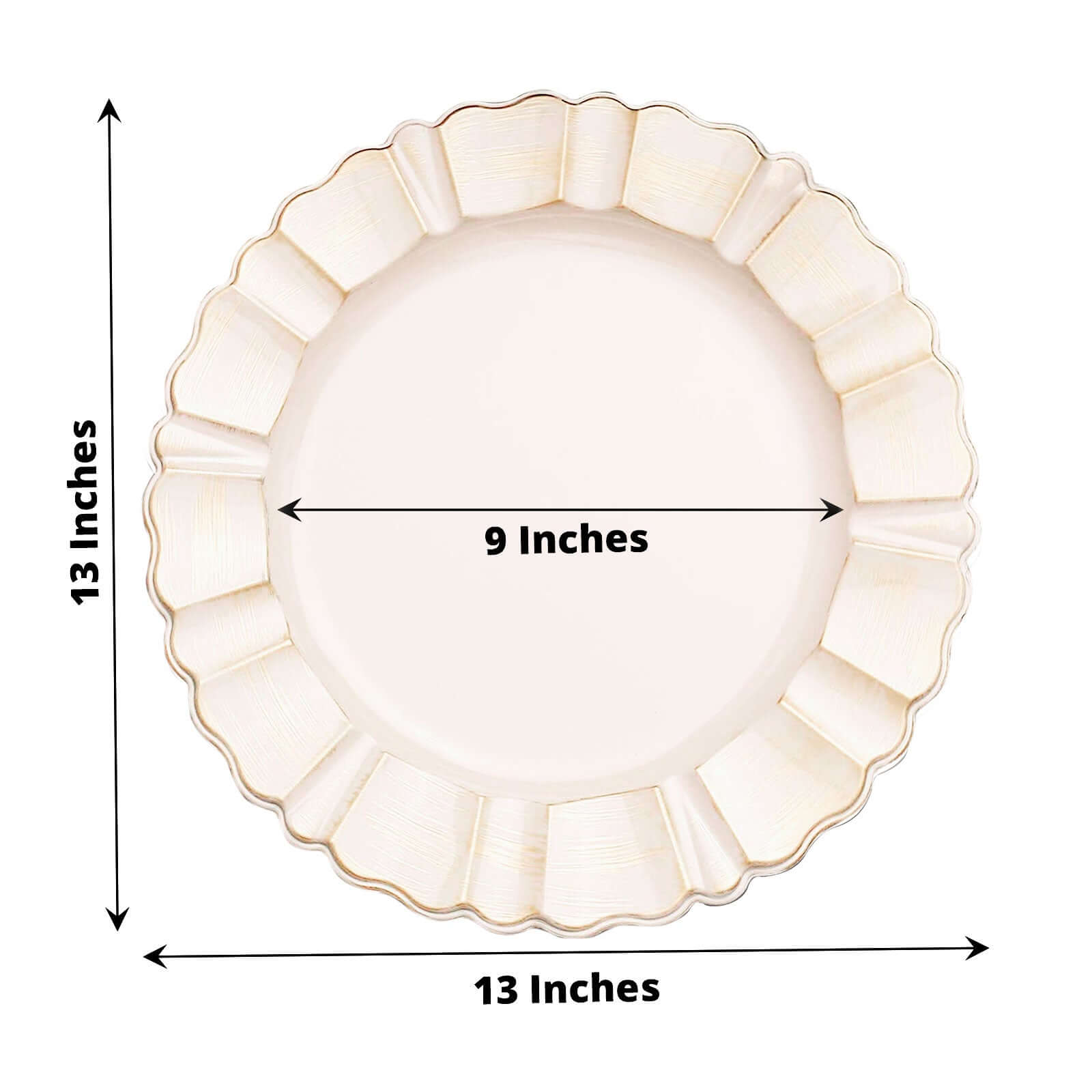 6-Pack Acrylic Plastic Round Charger Plates 13" in Beige with Gold Brushed Wavy Scalloped Rim, Decorative Dinner Party Charger Tableware