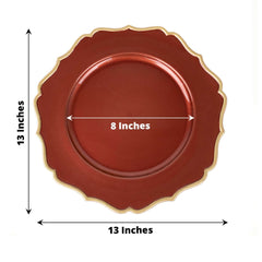 6-Pack Acrylic Round Charger Plates 13" in Terracotta (Rust) with Gold Scalloped Rim, Decorative Dinner Party Plastic Charger Tableware