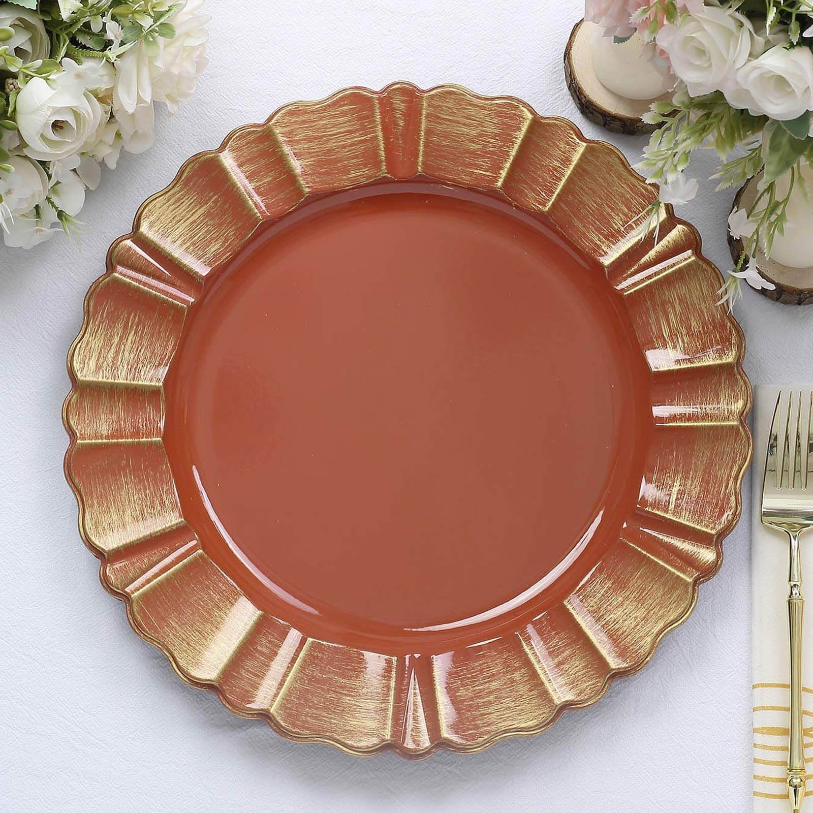 6-Pack Acrylic Plastic Round Charger Plates 13" in Terracotta (Rust) with Gold Brushed Wavy Scalloped Rim, Decorative Dinner Party Charger Tableware