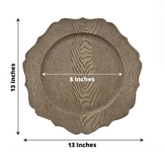 6-Pack Acrylic Round Charger Plates 13" in Rustic Natural with Wood Grain Scalloped Rim, Decorative Dinner Party Charger Tableware