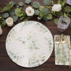 6-Pack Disposable Charger Plates in Eucalyptus Leaves Print 13" in White/Green - 700GSM Floral Paper Chargers for Stylish & Easy Cleanup