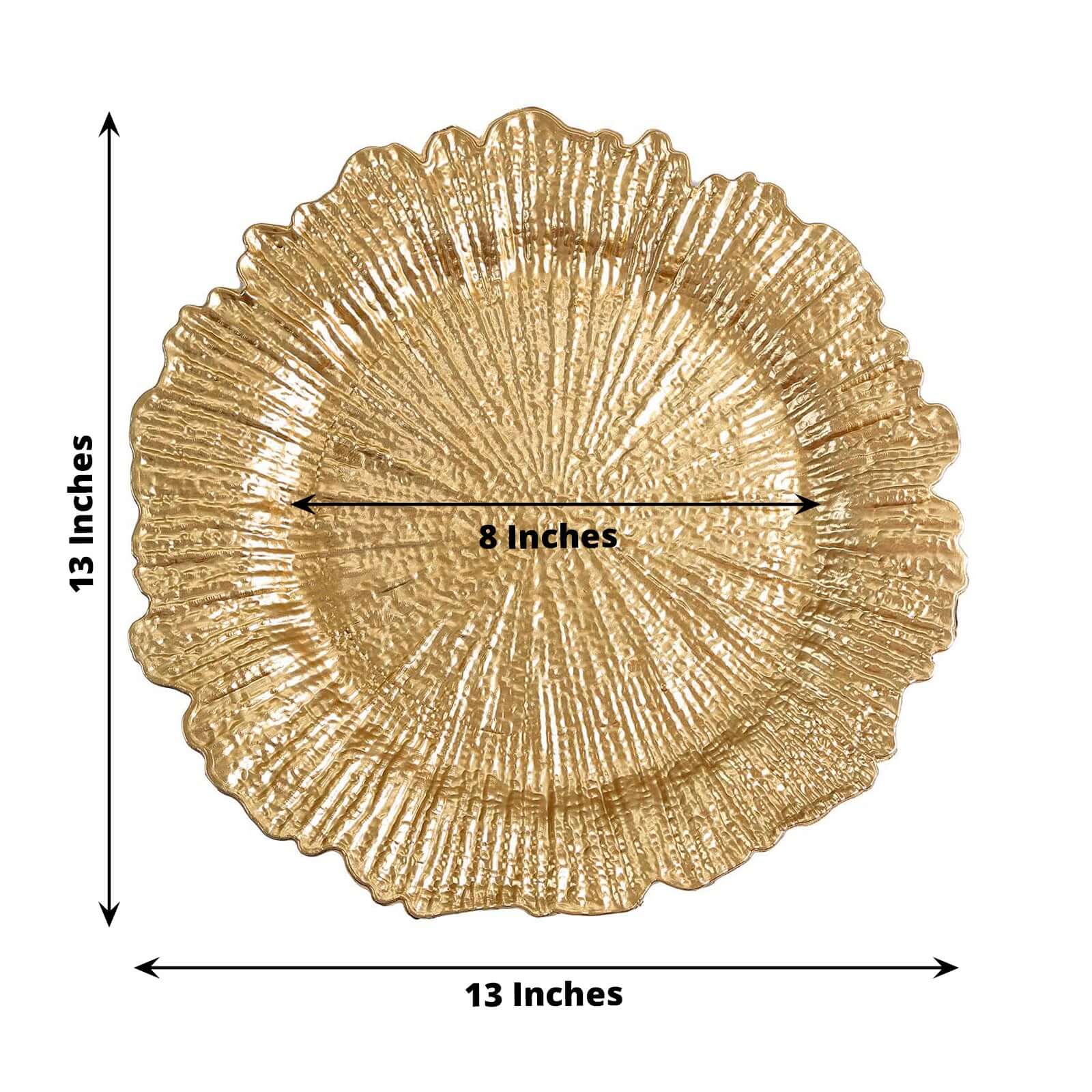 6-Pack Acrylic Plastic Round Charger Plates 13" in Gold with Reef Design, Classy Dinner Party Charger Tableware