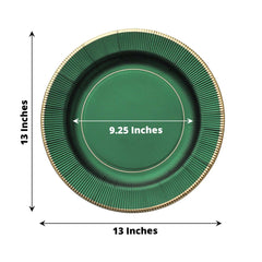 25-Pack Disposable Round Charger Plates in Hunter Emerald Green Sunray Design with Gold Rim - 350GSM Heavy Duty Paper Chargers 13"