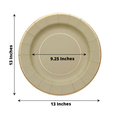 25-Pack Disposable Round Charger Plates in Khaki Sunray Design with Gold Rim - 350GSM Heavy Duty Paper Chargers 13"