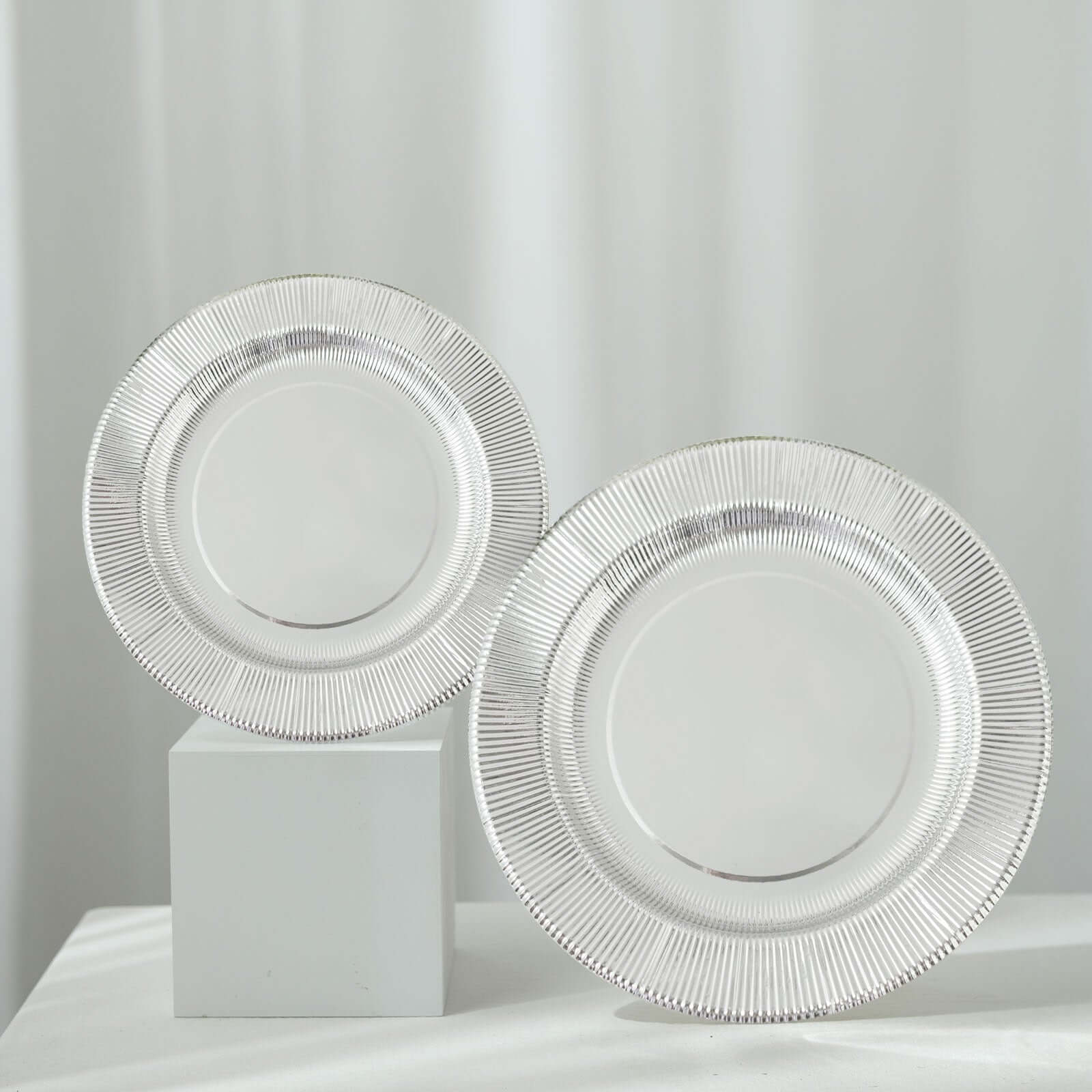 25-Pack Disposable Round Charger Plates in Metallic Silver Sunray Design - 350GSM Heavy Duty Paper Chargers 13"