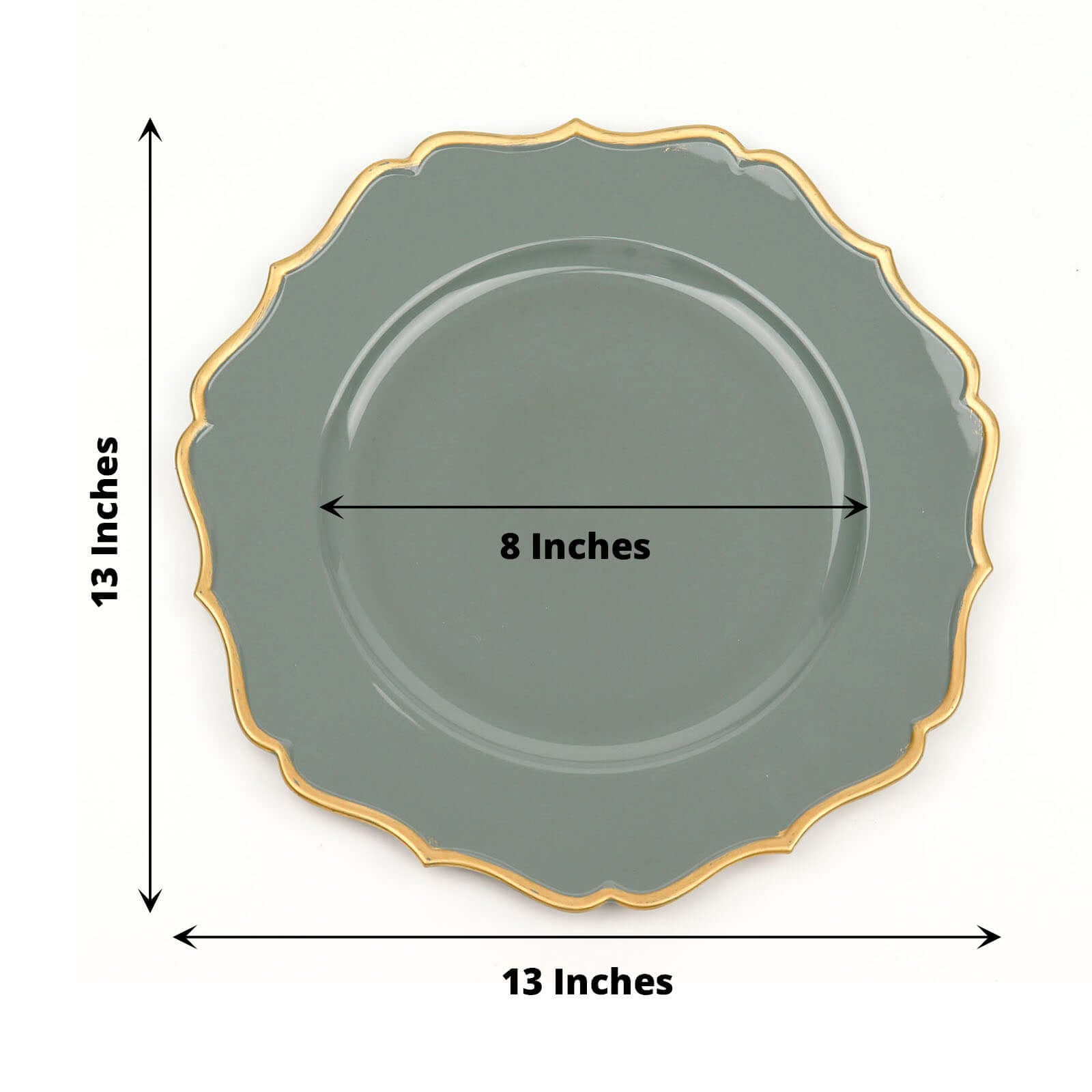 6-Pack Acrylic Round Charger Plates 13" in Olive Green with Gold Scalloped Rim, Decorative Dinner Party Plastic Charger Tableware
