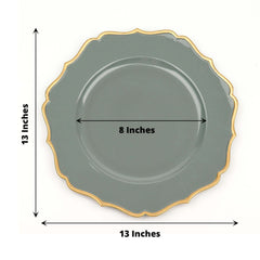 6-Pack Acrylic Round Charger Plates 13" in Olive Green with Gold Scalloped Rim, Decorative Dinner Party Plastic Charger Tableware