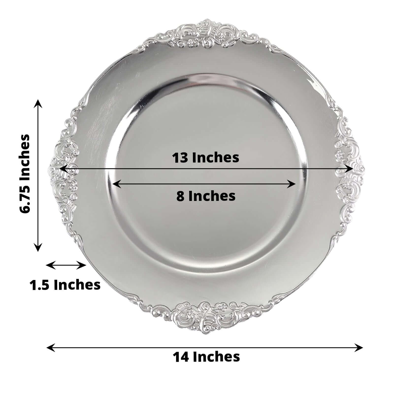 6-Pack Acrylic Round Charger Plates 13" in Silver with Embossed Baroque Rim, Antique Decorative Dinner Party Charger Tableware