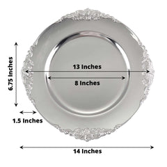 6-Pack Acrylic Round Charger Plates 13" in Silver with Embossed Baroque Rim, Antique Decorative Dinner Party Charger Tableware