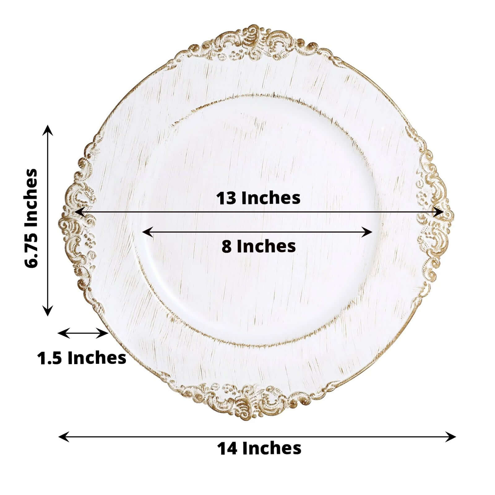 6-Pack Acrylic Round Charger Plates 13" in White Washed with Gold Embossed Baroque Rim, Antique Decorative Dinner Party Charger Tableware