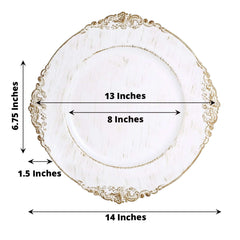 6-Pack Acrylic Round Charger Plates 13" in White Washed with Gold Embossed Baroque Rim, Antique Decorative Dinner Party Charger Tableware
