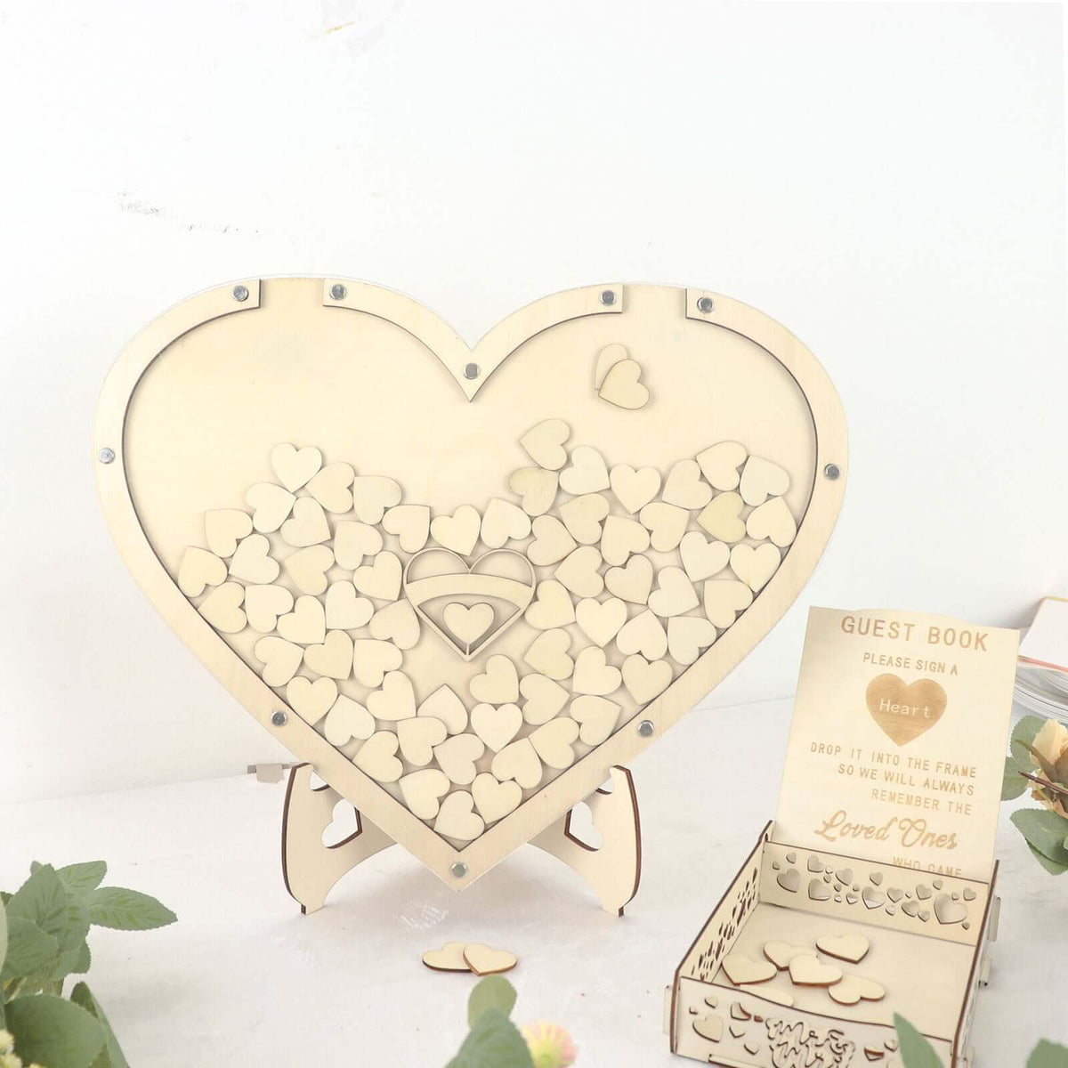 13" Wooden Heart Drop Top Frame Wedding Guest Book Alternative, Rustic Sign Display Stand