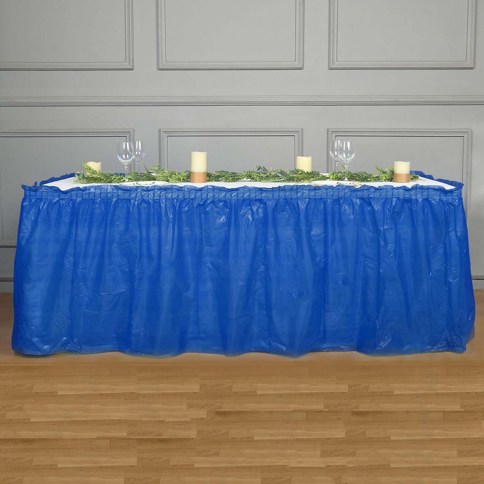 Plastic Table Skirt Royal Blue Ruffled - Durable Disposable Skirt for Events 14ft
