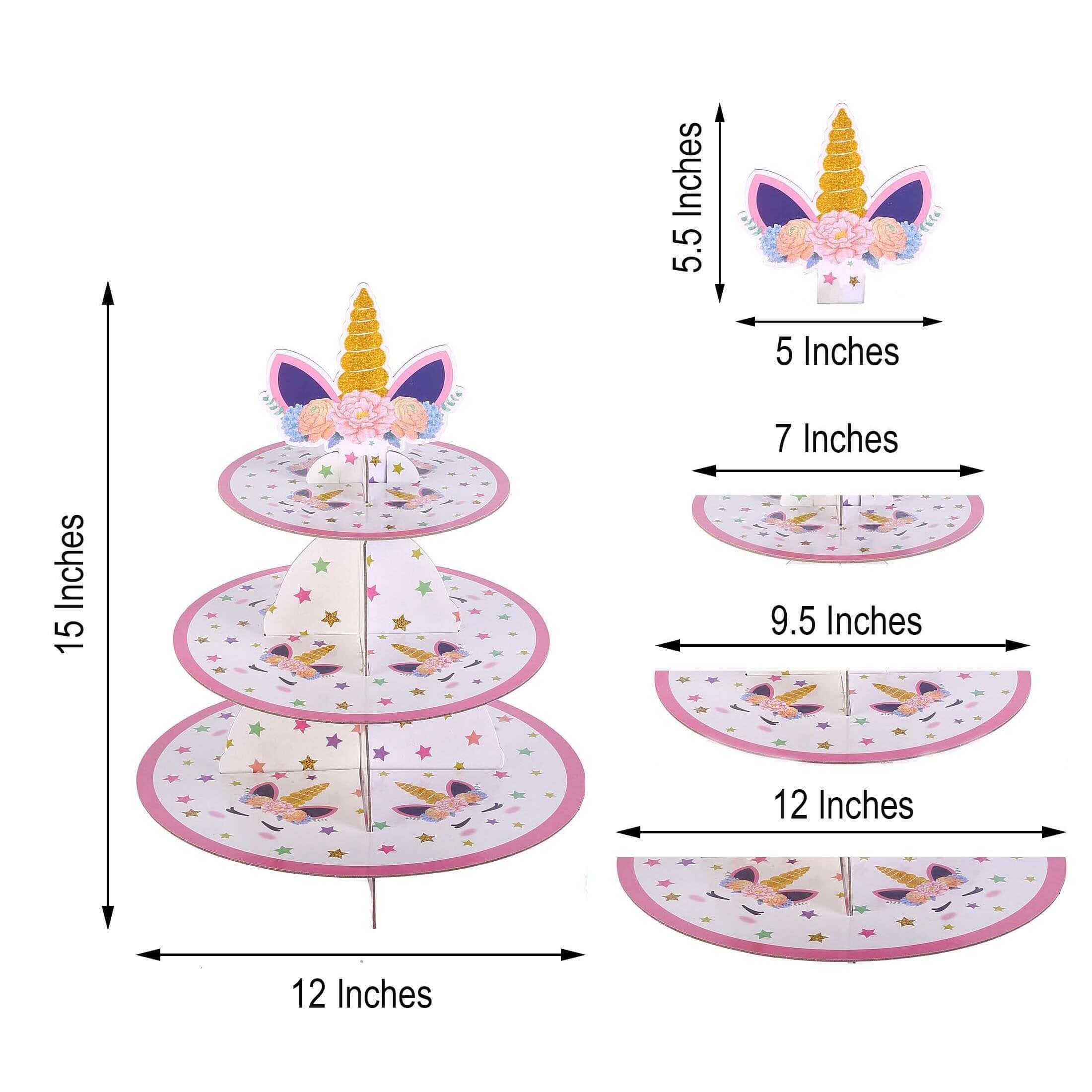 3-Tier Cardboard Cupcake Dessert Stand - Stable Treat Tower Display Holder for Unicorn Themed Girls Birthday Baby Shower Party Decor 15"