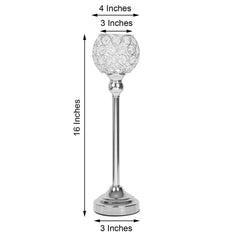 16" Tall Silver Crystal Votive Pillar Candle Holder, Metal Tealight Round Candle Stand