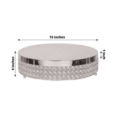 Metal Cake Stand Pedestal Crystal Beaded Design Silver - Cupcake Display and Dessert Riser 16"