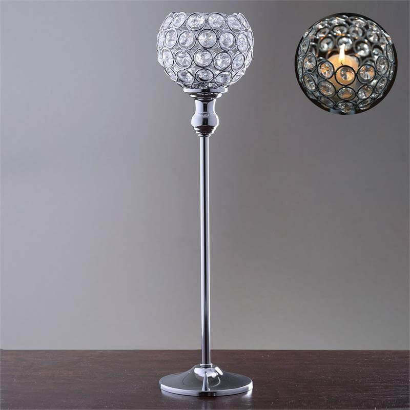 16" Tall Silver Crystal Votive Pillar Candle Holder, Metal Tealight Round Candle Stand