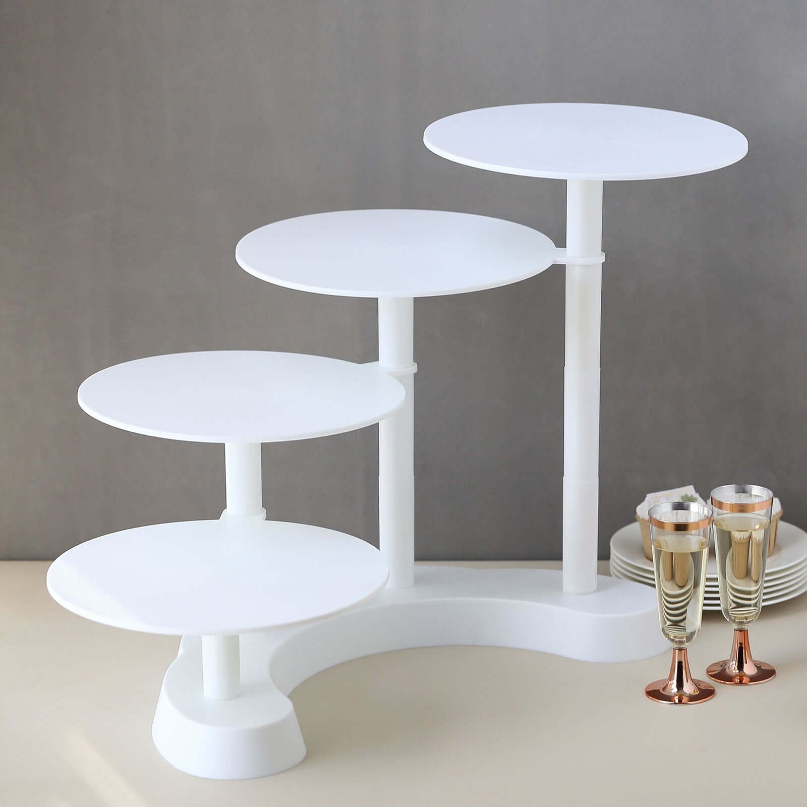 4-Tier Plastic Cake Stand with Half Moon Base White - Space Saving Multi-layer Cupcake Holder Dessert Tower for Weddings Tea Parties & Home Gatherings 17"