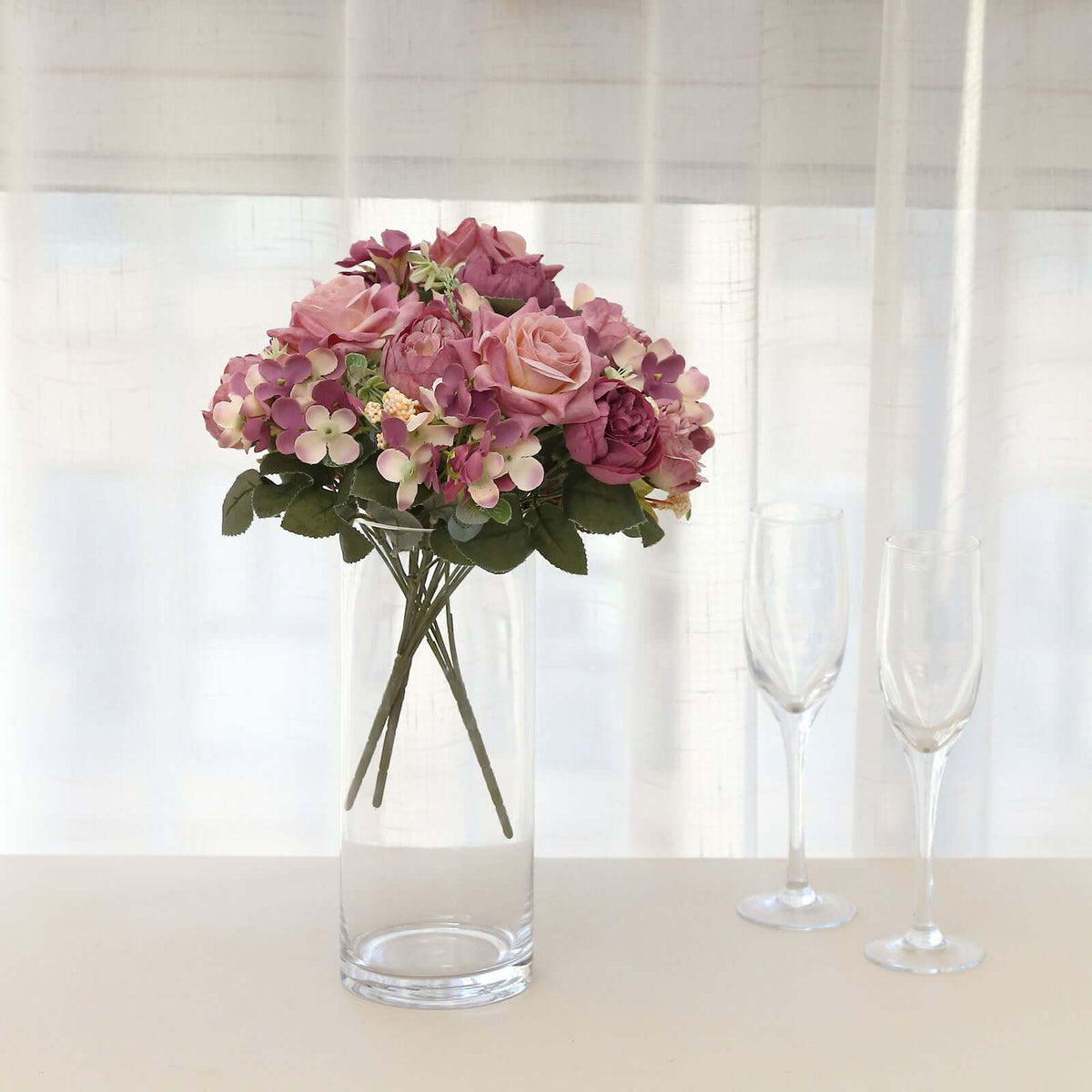 2 Pack Artificial Rose & Peony Floral Arrangements – 12" Dusty Rose Silk Bouquets for Weddings & Home Décor
