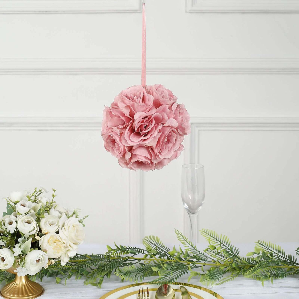 2 Pack 7" Mauve Artificial Silk Rose Kissing Ball, Faux Flower Ball