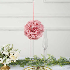 2 Pack 7" Mauve Artificial Silk Rose Kissing Ball, Faux Flower Ball