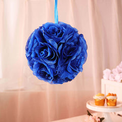2 Pack 7" Royal Blue Artificial Silk Rose Kissing Ball, Faux Flower Ball