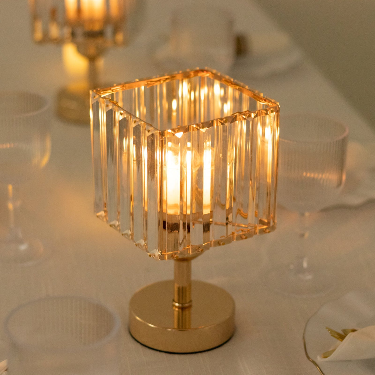 2 Pack 9" Crystal Pendant Hurricane Candle Holders in Gold, Elegant Square Design for Pillar Candles, Decorative Table Centerpieces