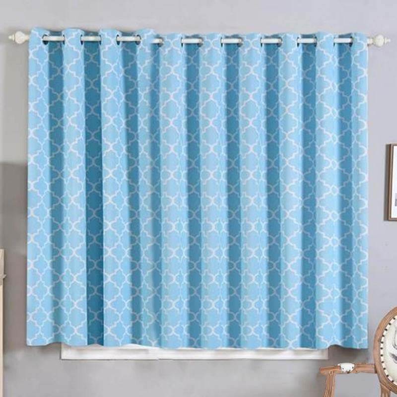 2 Pack Blue White Lattice Room Darkening Blackout Curtain Panels With Grommet, Designer Trellis Curtains 52"x64" - Clearance SALE