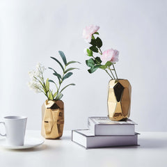 2-Pack Ceramic Cylinder Vases Metallic Gold Geometric - Stylish Modern Decor for Floral Arrangements 6"