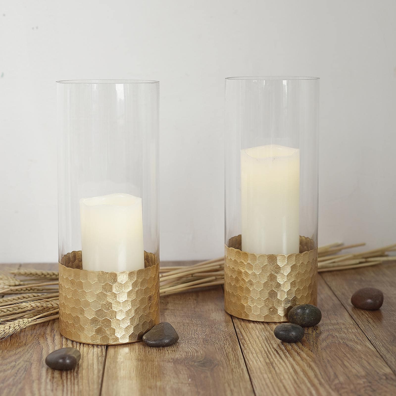 2-Pack Glass Cylinder Vases Honeycomb Design Clear with Gold Base - Decorative Candle Holder Centerpieces 12"