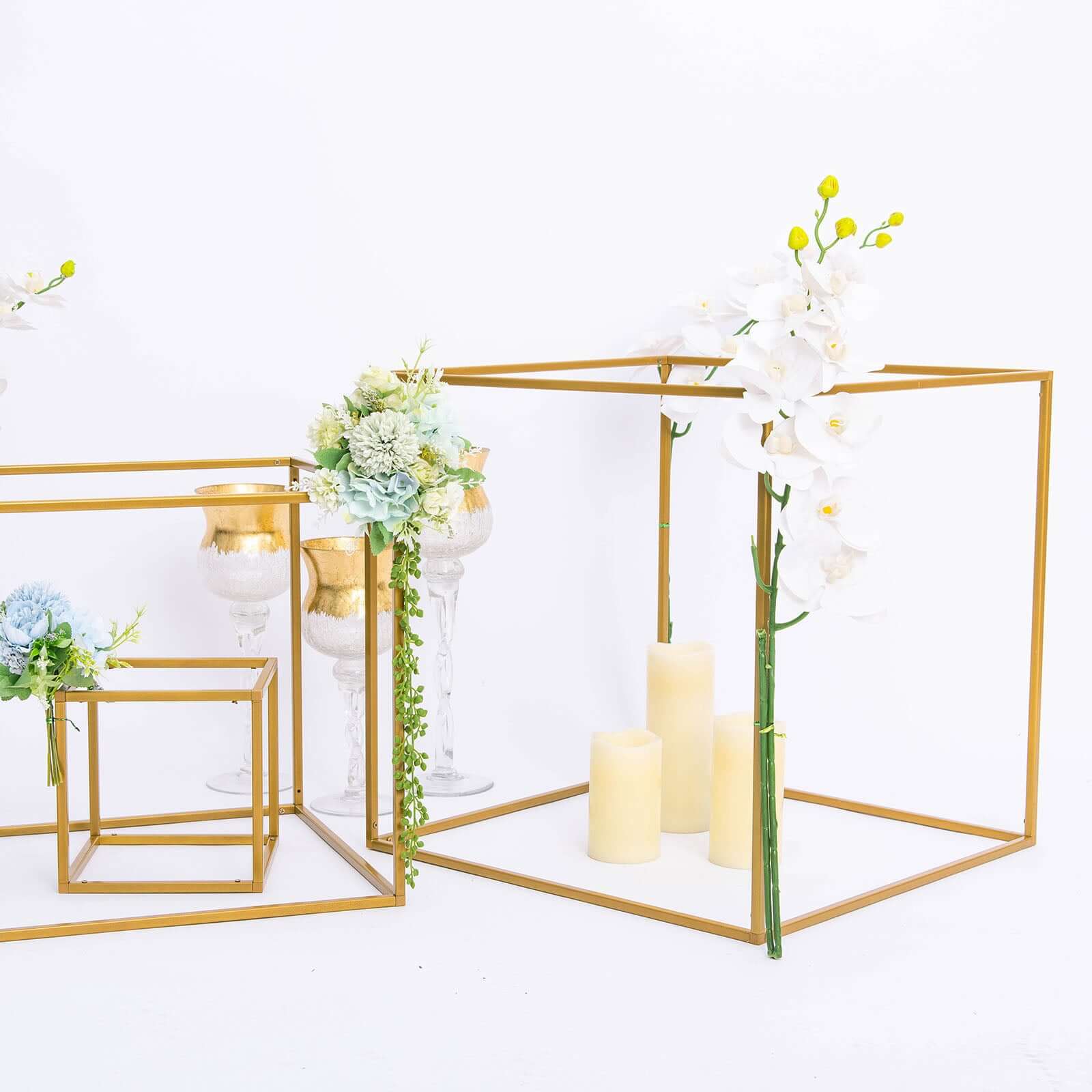 2 Pack 20" Square Gold Metal Frame Wedding Flower Stands, Geometric Centerpieces