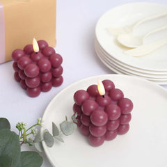 2-Pack LED Flameless Cube Candles Flickering Warm White Burgundy - Battery Operated Bubble Design 2"
