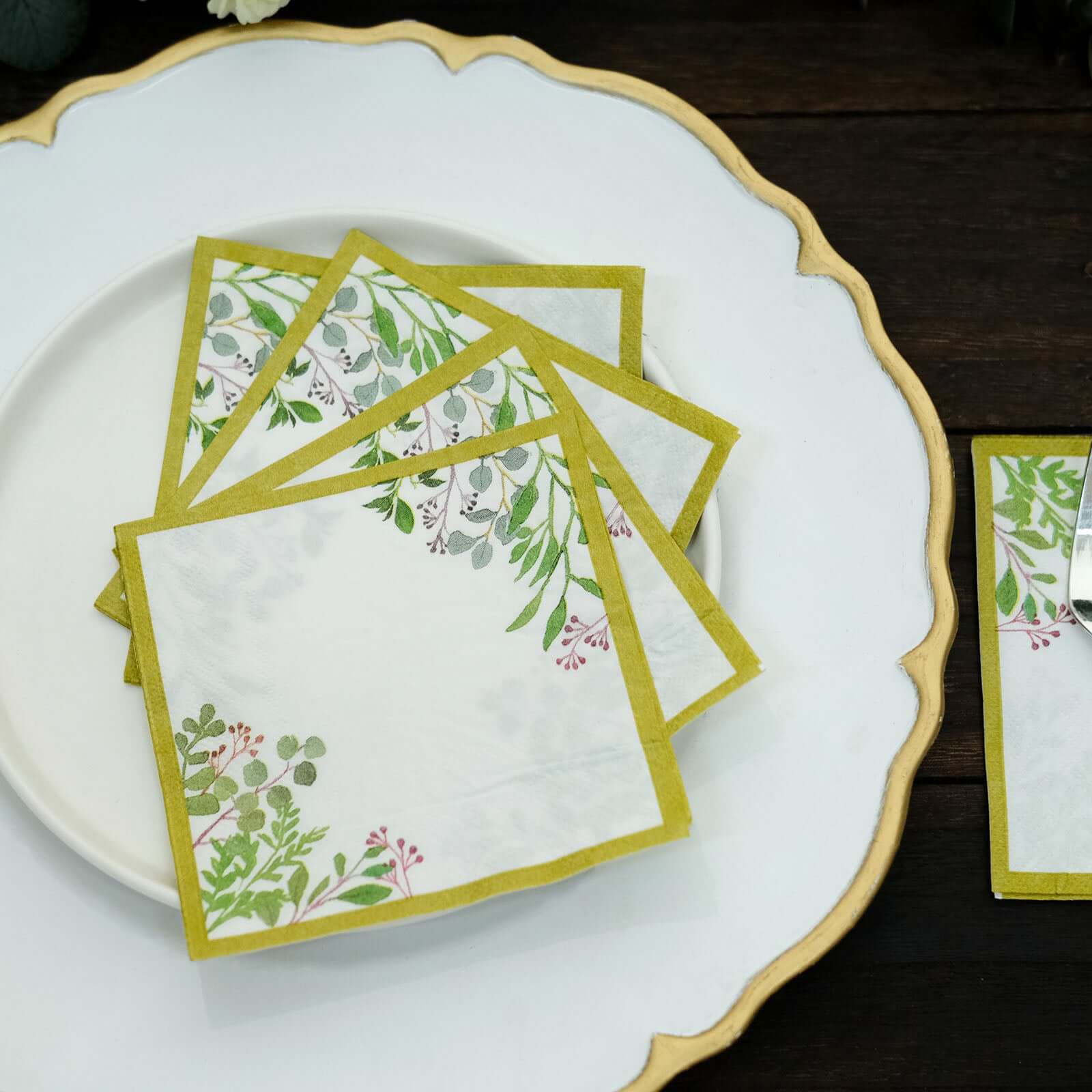 24-Pack Paper Dinner Napkins with Eucalyptus Design White Tropical Greenery 2 Ply - Soft 18GSM Wedding Cocktail Napkins 5"