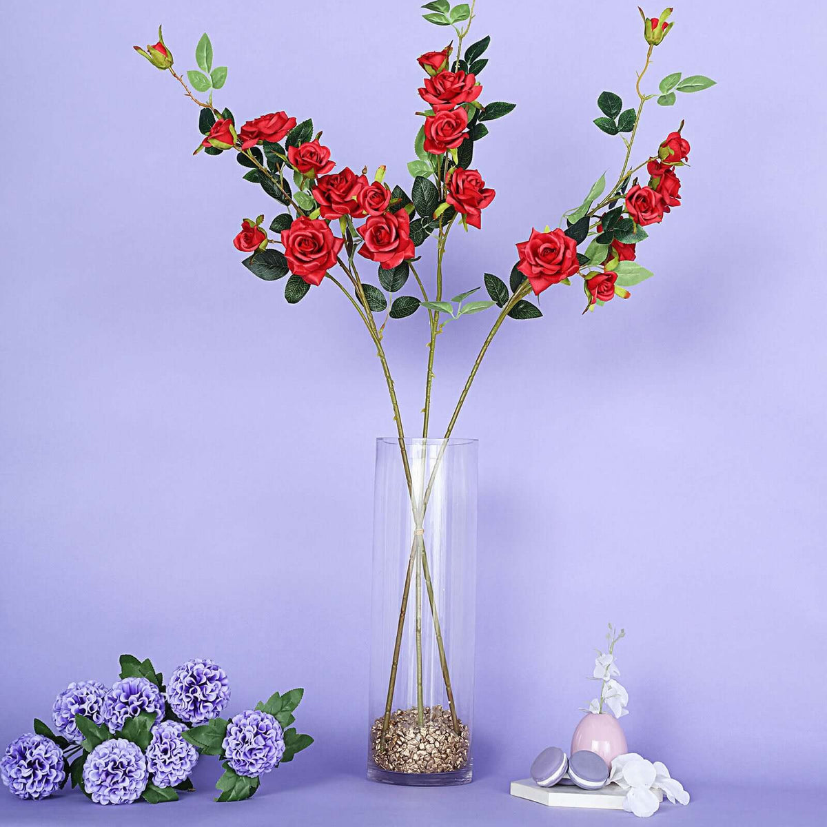 2 Stems 38" Tall Artificial Red Rose Bouquet, Realistic Silk Flower Arrangements