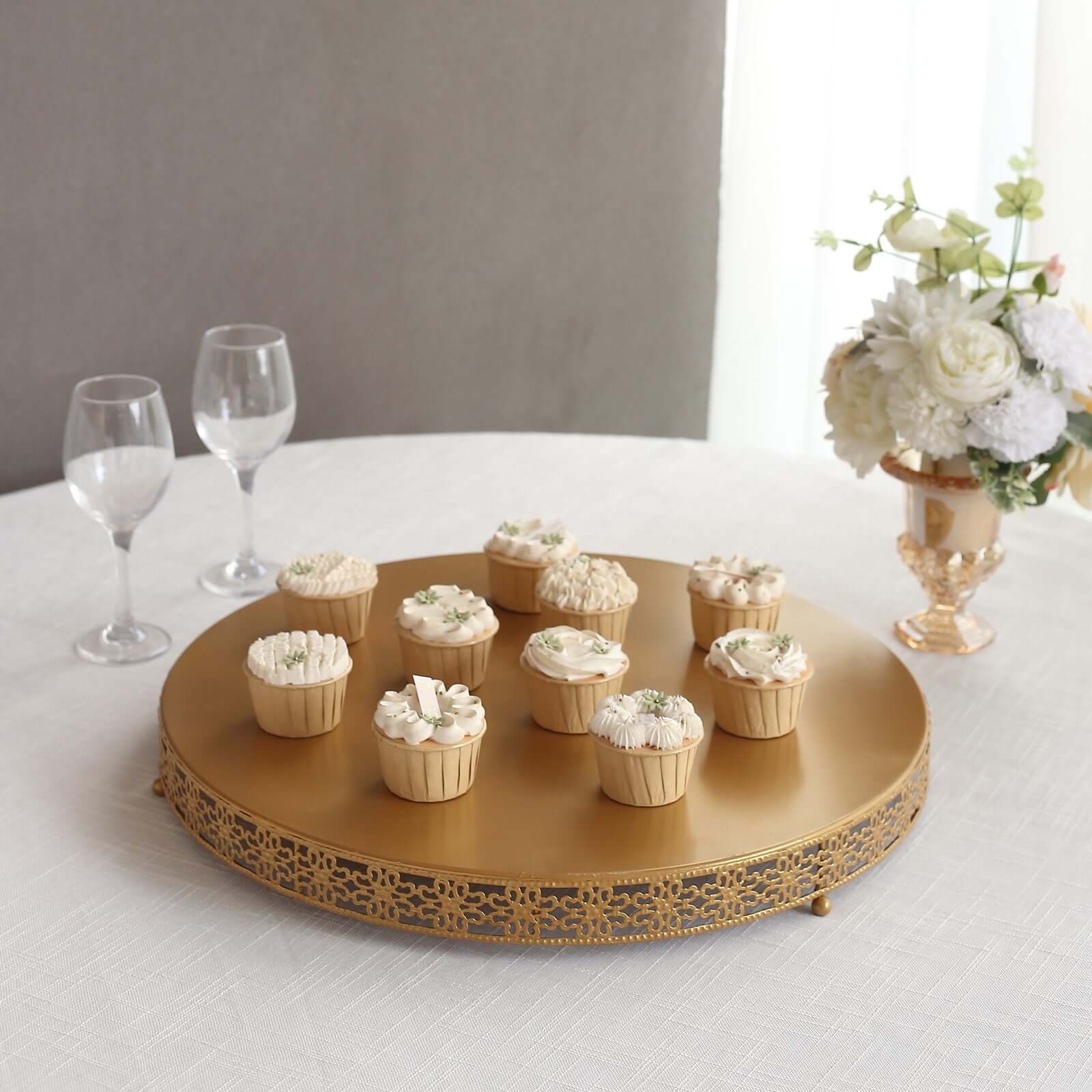Metal Pedestal Cake Stand Fleur De Lis Round Design Gold - Cupcake Dessert Display Table Centerpiece 20"