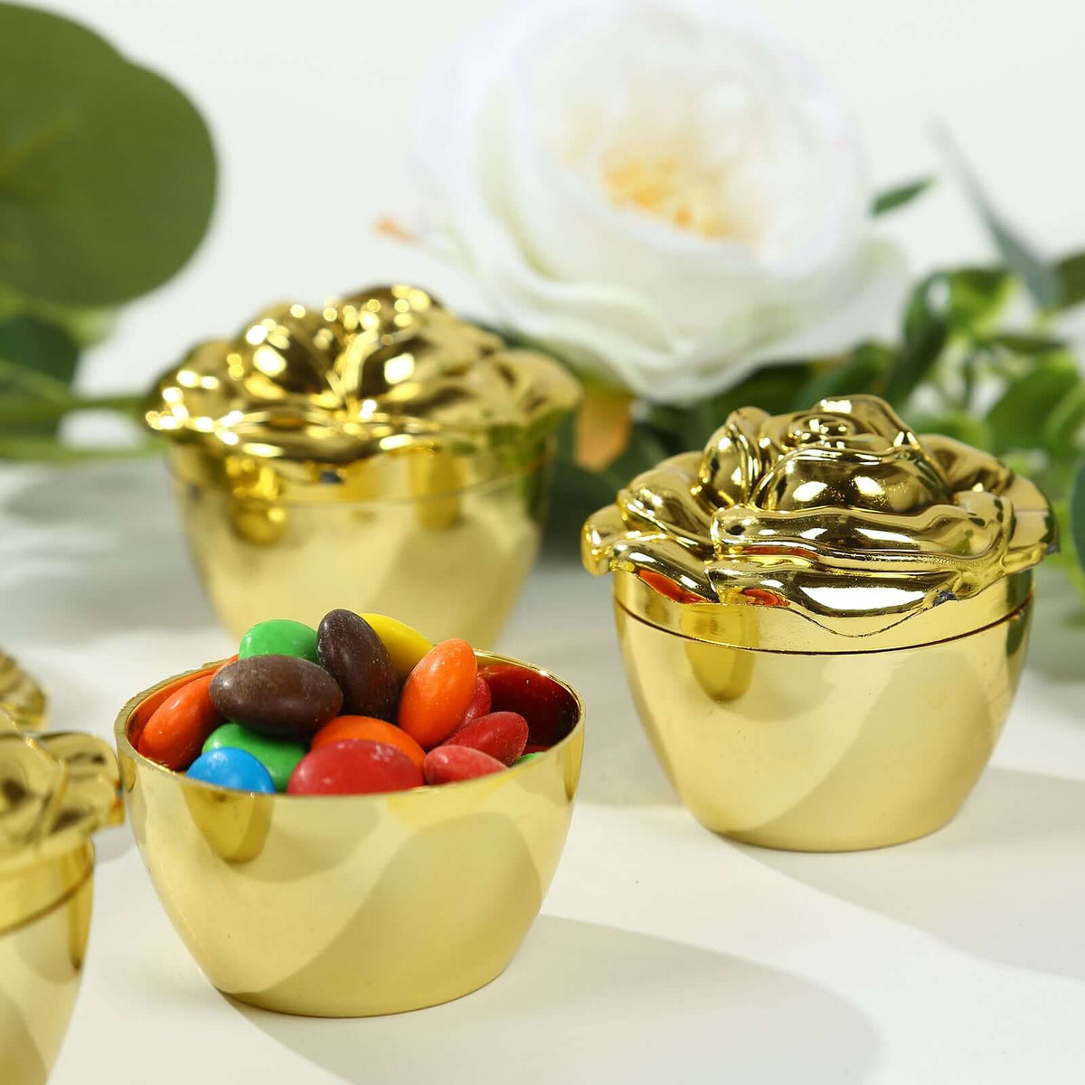 20-Pack Plastic Fillable Mini Candy Container in Vintage Rose Style Gold with Lids - Stylish Candy Treat Favor Boxes 2"