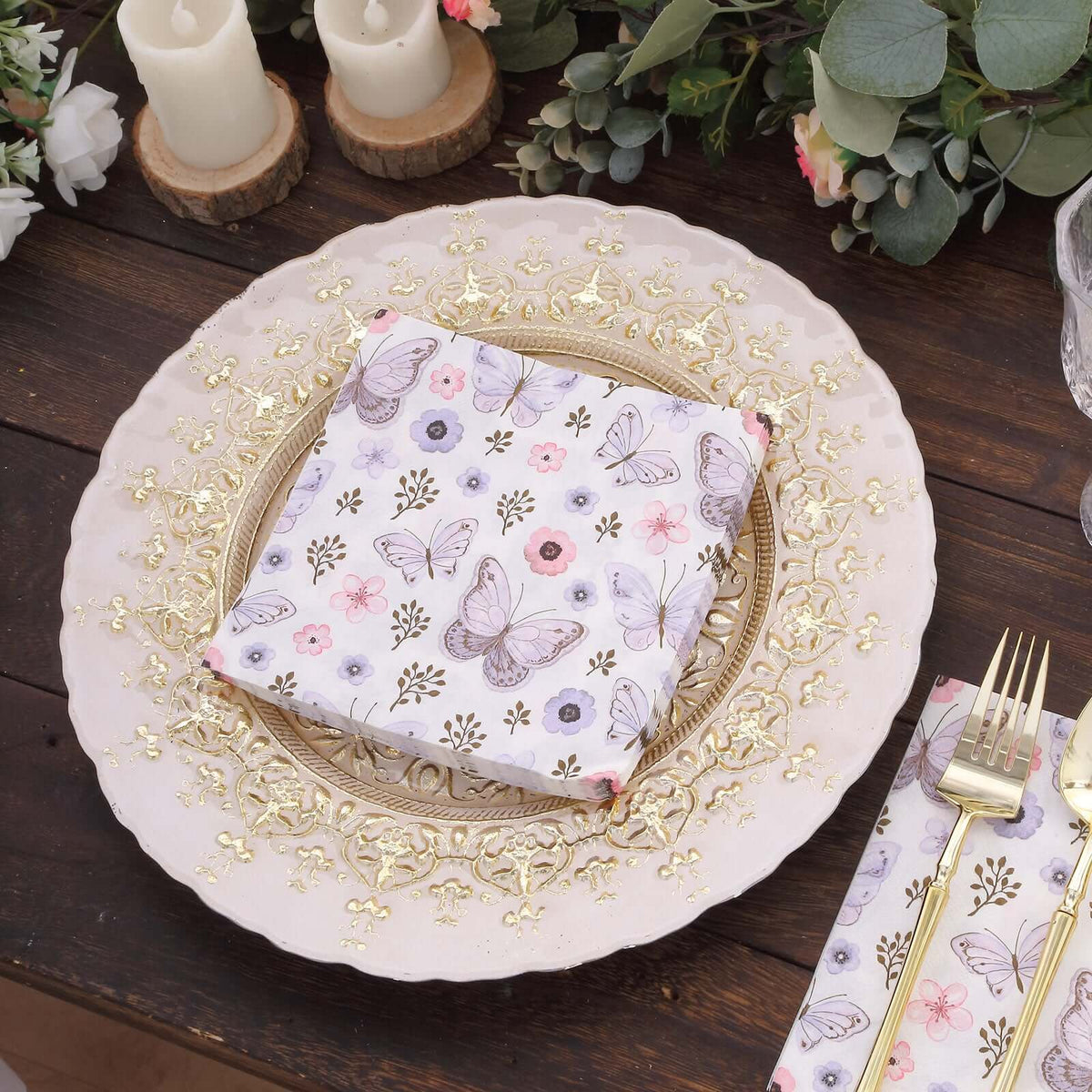 50-Pack Paper Beverage Napkins with Lavender Butterfly Floral Design Ivory - 2 Ply Soft 18GSM Garden Wedding Napkins 6.5"x6.5"